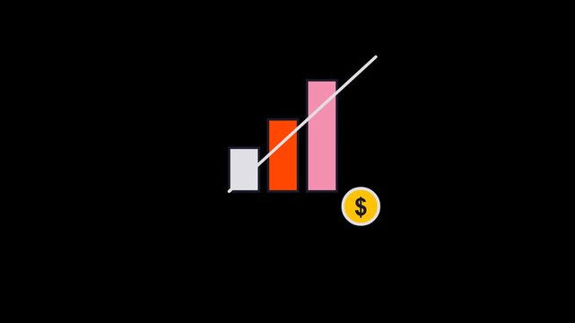 Colorful business bar chart growing with a dollar coin symbol on a black background
