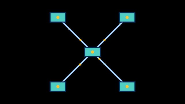 Abstract network diagram with a central hub connecting to four nodes on a dark background