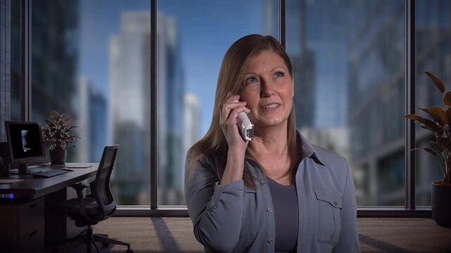 Woman talking on phone in office setting