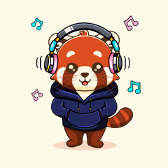 Naklejka premium Cute Red Panda Listening to Music, Cartoon Vector Illustration
