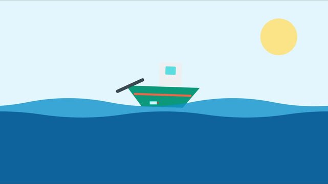 Minimalist flat boat sailing on ocean waves with sun animated nautical animation 4k background