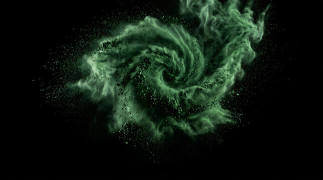 Abstract green powder explosion swirling in a spiral vortex against a black background