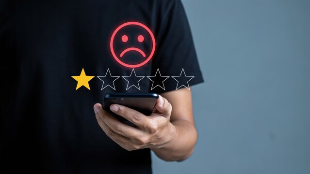 Man providing poor rating with one star and red sad icon on mobile phone for low quality service experience.
