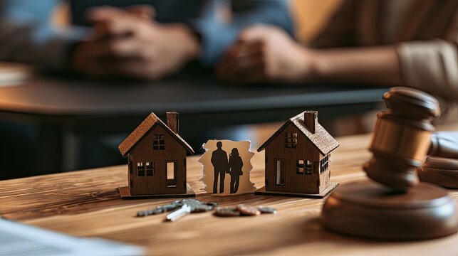 Divided home model with couple cutout, keys, coins, and gavel