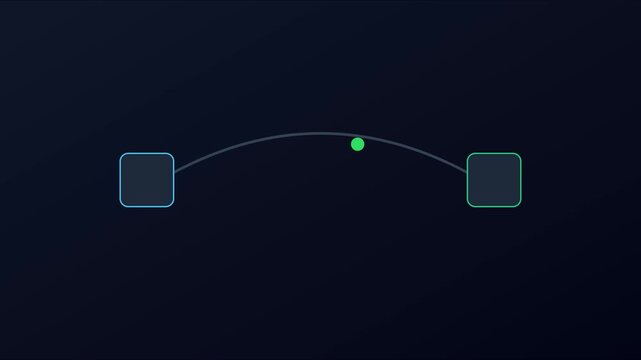 Minimalist motion green dot moving along curved path between two square nodes for ui ux and data flow visualization animation 4k