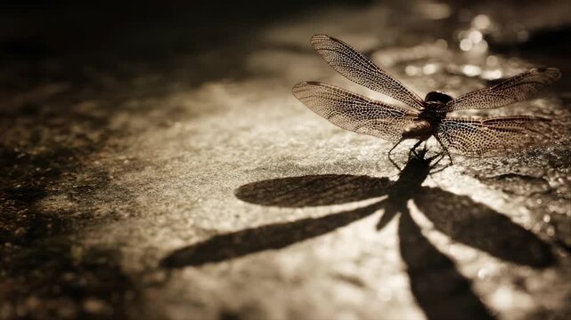 Sepia toned photo of dragonfly on rough surface with detailed wings casting a long shadow