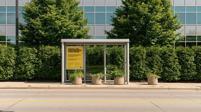 Modern bus stop shelter with potted plants and advertisement against a contemporary glass building