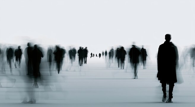 Blurred figures walk through an ethereal, empty expanse