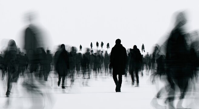 Blurred figures walk in a monochromatic, abstract crowd scene