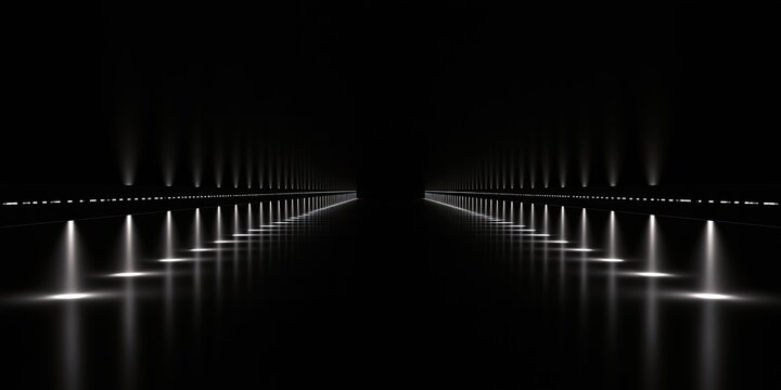 Endless runway of lights in the dark, creating a dramatic, futuristic ambiance