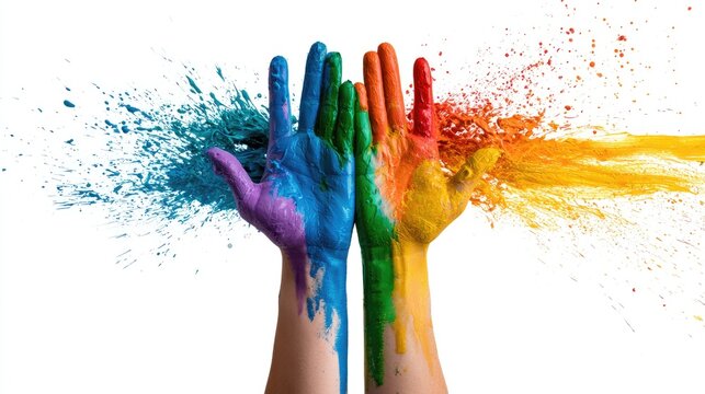 Hands covered in vibrant rainbow paint explode outwards on white