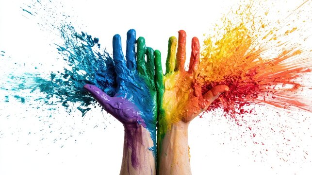 Hands explode with vibrant rainbow colors against a white background