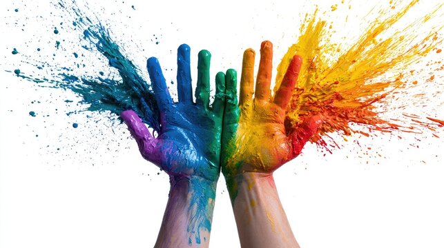 Two hands reaching upwards, covered in vibrant, explosive paint splatters
