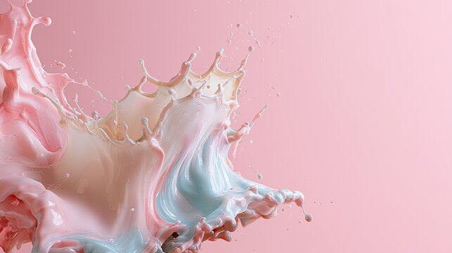 A dynamic splash of pastel pink and blue liquids frozen mid-air