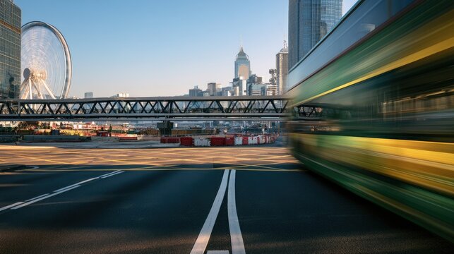 Blurred motion of a double-decker bus speeds past urban skyline, Ferris wheel