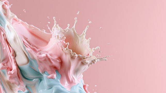 Swirling pastel liquids splash and mix, creating a dynamic, fluid abstract