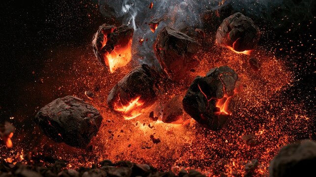 Glowing embers and hot coals explode, showering sparks and smoke