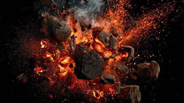 Fiery explosion of dark, glowing embers and smoke against black