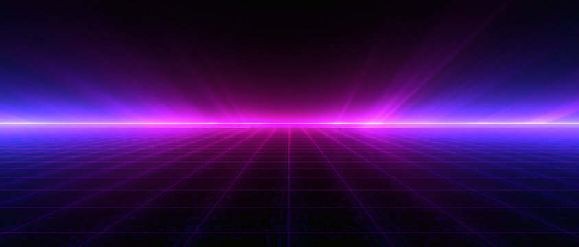 A glowing purple and blue neon light grid stretches across a dark horizon in a digital space inspired by eighties retro style aesthetics