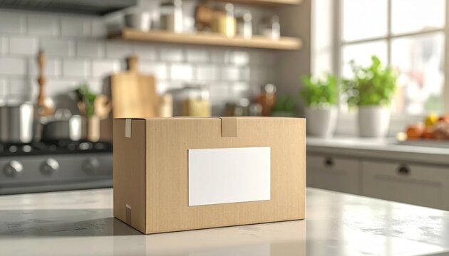 cardboard box with blank shipping label on kitchen counter, parcel delivery, online order, e-commerce, home shopping, shipping supply
