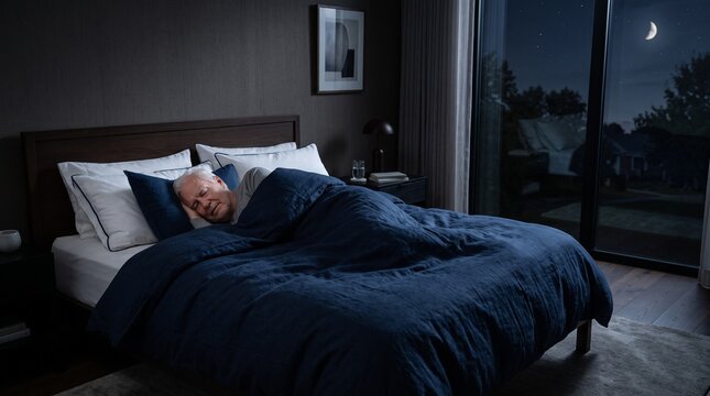 Senior man sleeping peacefully in a comfortable dark bedroom at night with moonlit window view and cozy blue bedding for restful night sleep.