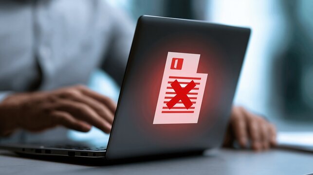 Close-up of a laptop screen displaying a red error icon with a cross, signifying a digital problem or data loss.