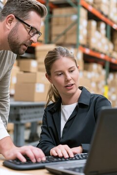 Warehouse professionals collaborating on a laptop, discussing logistics and inventory management