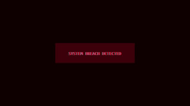 System breach detected glitch alert warning message on dark animation 4k background