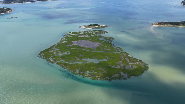 Narrow channels meander through a salt marsh called Sipson Island Meadow in Pleasant Bay, Cape Cod. Marshes provide critical habitat for many birds, fish, and invertebrates to feed, mate, and nest.