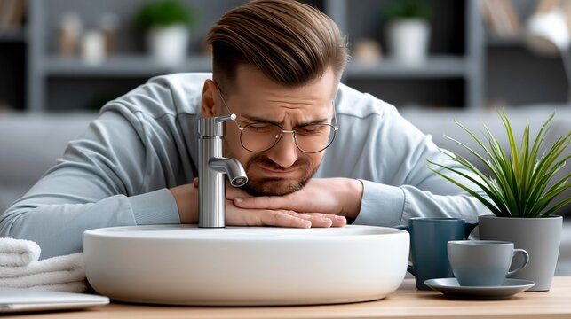 Man Feeling Sick Bending Over Sink with Eyes Closed and Water Running