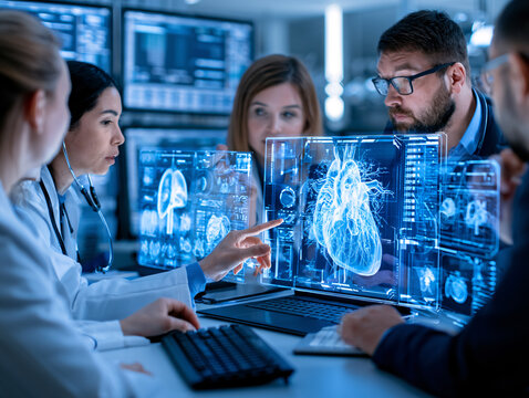 Diverse Doctors Holographic Anatomy Display Authentic Medical High Tech Realism Science Hospital