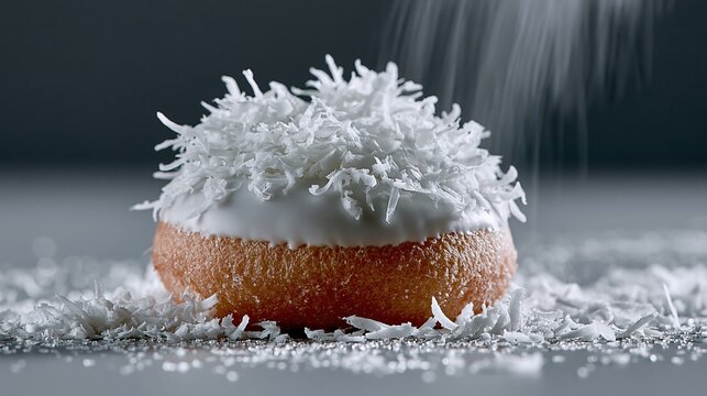 Close-up of a delicious sweet donut being dusted with white coconut flakes, creating a fluffy topping