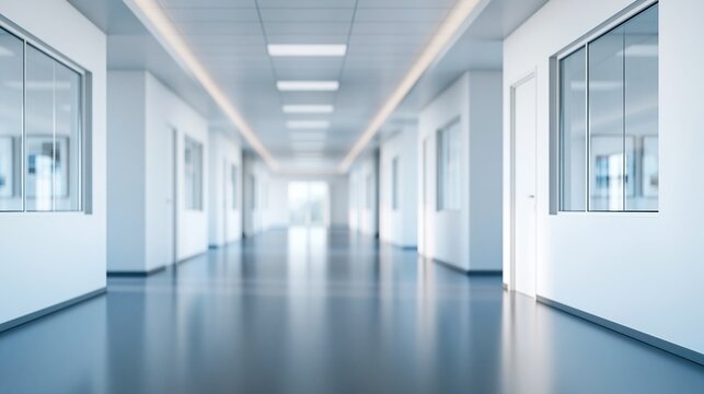 Modern Hospital Corridor with Bright Lighting and Reflective Floor, Clean and Sterile Environment
