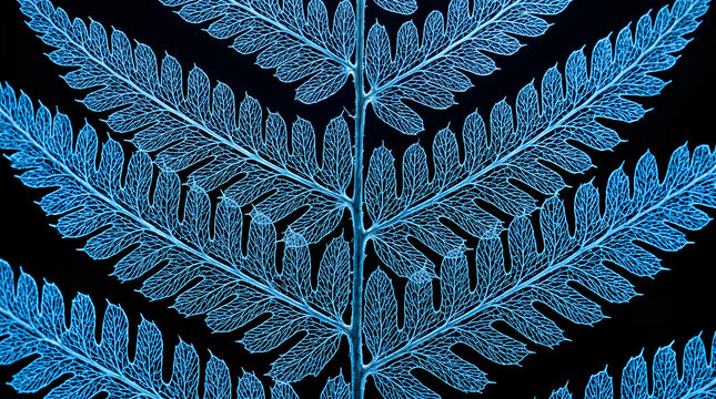 Macro close up of glowing blue fern leaf with detailed vein structure on black background