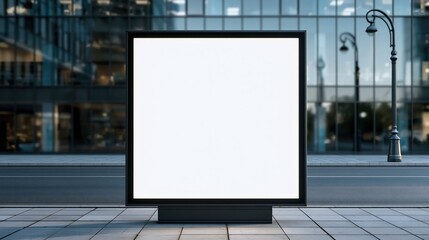 Fototapeta premium Blank billboard advertisement space on a modern city street with glass building background