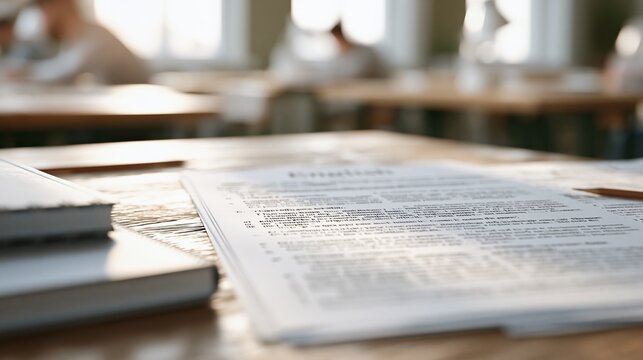 Close-up of an exam paper on a wooden desk in a classroom setting with blurred students in the background