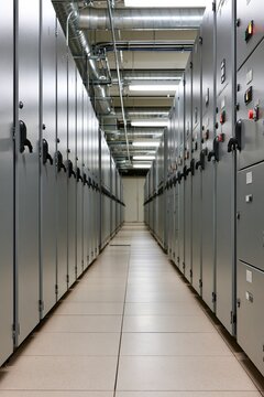 Modern industrial electrical control panel room with rows of server racks and overhead lighting