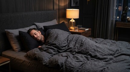 Fototapeta premium Young man sleeping peacefully in a comfortable large bed with dark grey linen in a modern luxury bedroom at night with warm lamp light glow
