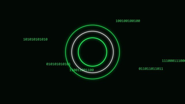 Digital binary data stream with glowing neon circles hud animation 4k code technology