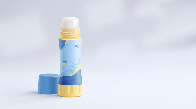 Lip balm stick in colorful packaging stands open next to its blue cap on light background.