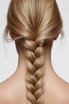 Close-up Back View of a Woman's Blonde Hair Styled in a Neat French Braid