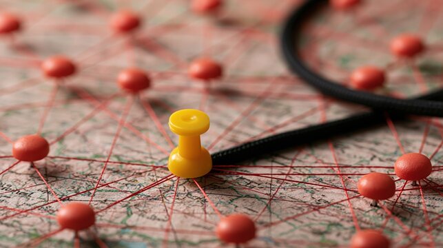 Yellow Pushpin Connects Red Dots with Red String on Textured Surface, Representing Network and Communication