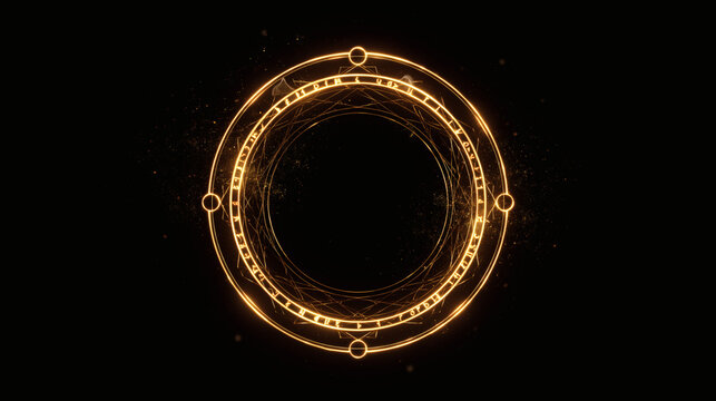 A glowing golden magic circle with ancient symbols rotates against a dark background to create a mystical portal effect for fantasy digital art and game design