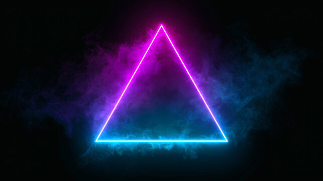 A glowing neon triangle frame shines brightly in the center surrounded by thick purple and blue smoke against a dark black background