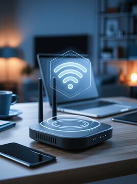 Modern Wireless Router Broadcasting Wi-Fi Signal in a Home Office Setting with Digital Overlay