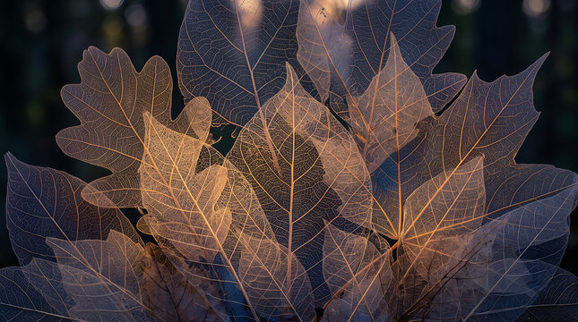 Translucent skeleton oak leaves macro detail with vein patterns and golden backlighting