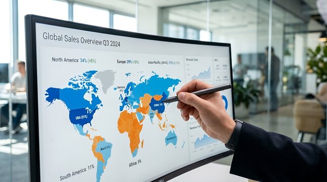 Hand pointing at global sales map on screen