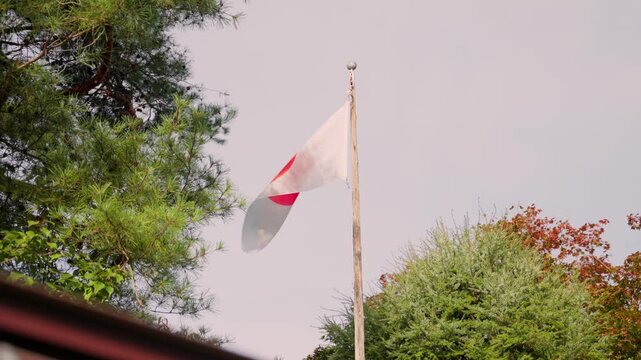 National flag of Japan, the Nisshoki, gently waving on a flagpole against a cloudy sky, framed by lush green trees in a peaceful garden or park in Japan showing national pride and symbolism