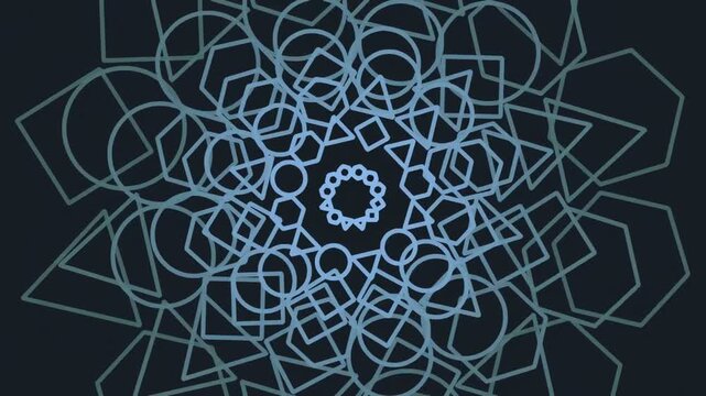 An abstract design featuring a complex arrangement of overlapping geometric shapes, including circles and polygons, in varying shades of blue on a dark background.