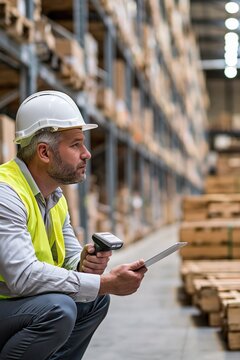 Warehouse worker in safety vest and hard hat scanning inventory with barcode reader and tablet
